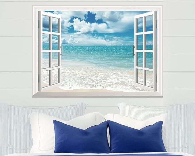 FLFK Fake Window Wall Sticker - Summer Beach Faux Window Wall Mural for Wall Decor, Stick and Peel Wall Decals,16"x24" - Image 3
