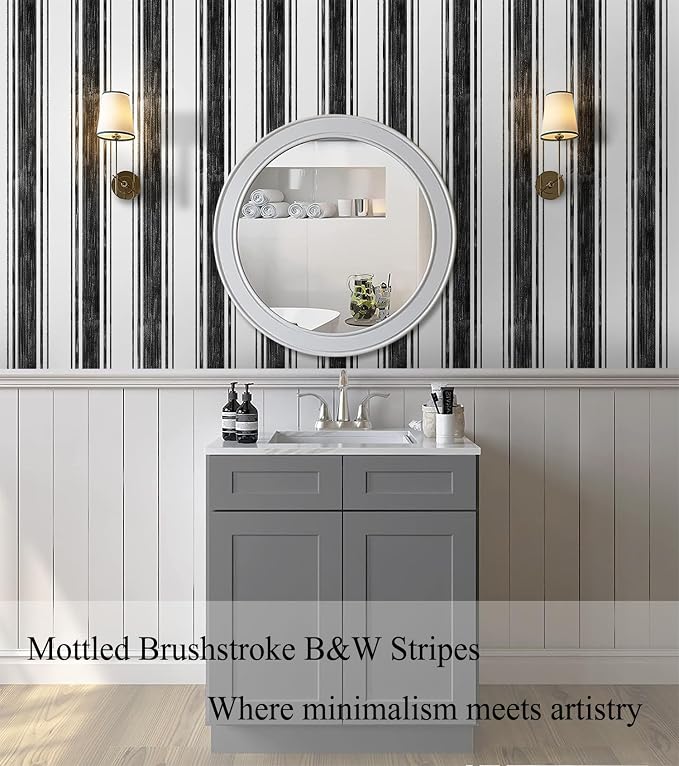 Safiyya Black and White Wallpaper Peel and Stick 17.3"×197" Hand-Painted Striped Contact Paper Modern Wall Paper Vinyl Self Adhesive Removable Wallpaper for Bedroom and Bathroom Kitchen - Image 3