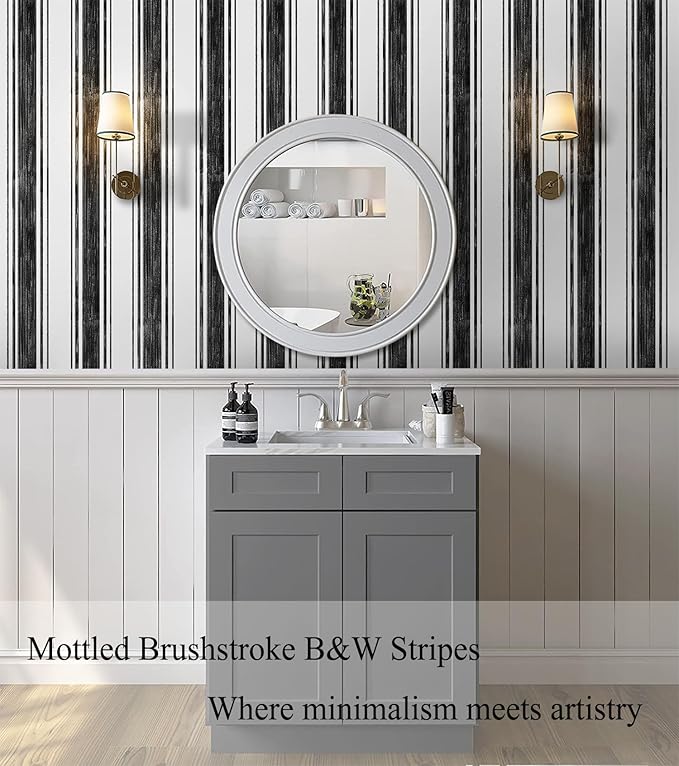 Safiyya Black and White Wallpaper Peel and Stick 17.3"×393" Hand-Painted Striped Contact Paper Modern Wall Paper Vinyl Self Adhesive Removable Wallpaper for Bedroom and Bathroom Kitchen - Image 3