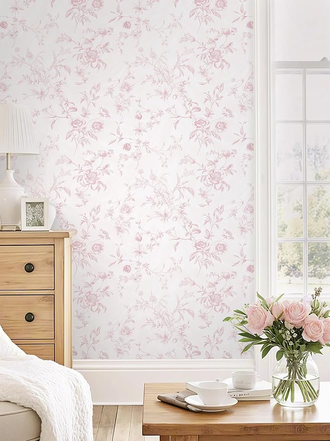 Ismoon Pink Floral Peel and Stick Wallpaper Vintage French for Bedroom | Textured Botanical Contact Paper Removable Self Adhesive Wallpaper for Bathroom Vinyl Roll Renter Friendly 17.3in×9.84 ft - Image 3