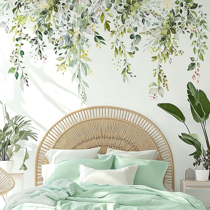Green Plants Leaves Wall Decals Peel and Stick, Large Floral Flowers Wall Stickers, Removable Vine Home Decor Art for Bedroom Living Room Classroom Office - Image 4