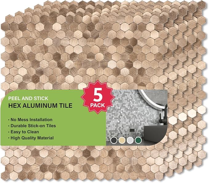 Select 5 Pack Hexagon Peel and Stick Backsplash Tiles, Brushed Gold | Self Adhesive Metal Backsplash Stick On Aluminum Tiles for Kitchen Bathroom, 12” x 12” Wall Tiles w/10 Edge Pieces - Image 5
