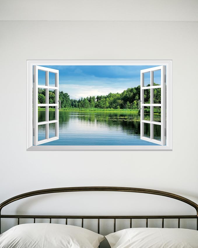 FLFK Fake Window Wall Sticker, Lake Forest Nature View Peel and Stick Mural, White Frame, Self-Adhesive Removable Decal, 24 x 16 Inches, Easy Peel and Stick, for Home, Office, Bedroom Decor - Image 5