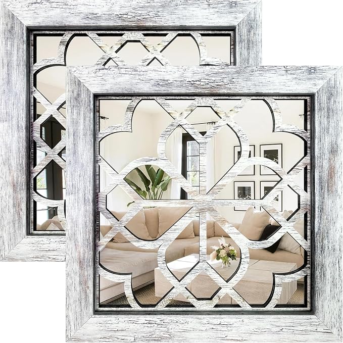 Boho Wall Mirror Decor, Set of 2 Rustic Farmhouse Accent Mirrors 12x12 Inch, Square Acrylic Shatterproof Vintage Style Mirror for Wall, Small Decorative Mirrors for Living Room, Bedroom, Grey by HMANGE