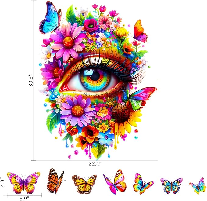 Floral Flower Eye Wall Decals, Trippy Boho Butterfly Wall Stickers | Aesthetic indie flowers butterfly peel and stick wall decor, removable vinyl wall art mural for bedroom living room - Image 2