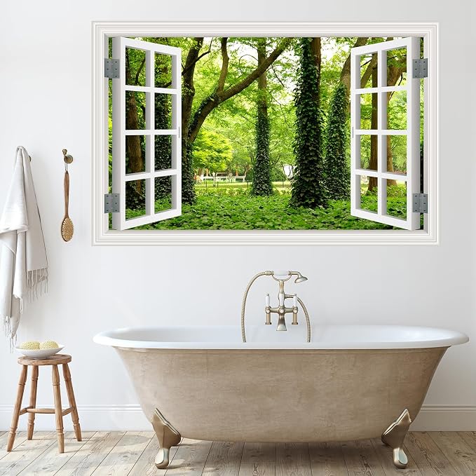 ‌Lmyhome Fake Window Wall Mural Green Grass Forest (64"x48") | Peel and Stick Faux Window Wall Sticker Decal Poster for Bedroom Home Decor - Image 7