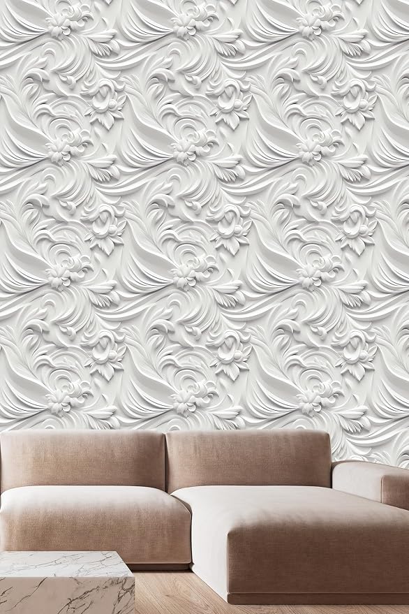 Peel and Stick Wallpaper White Gray Scroll Floral Accent - Image 5