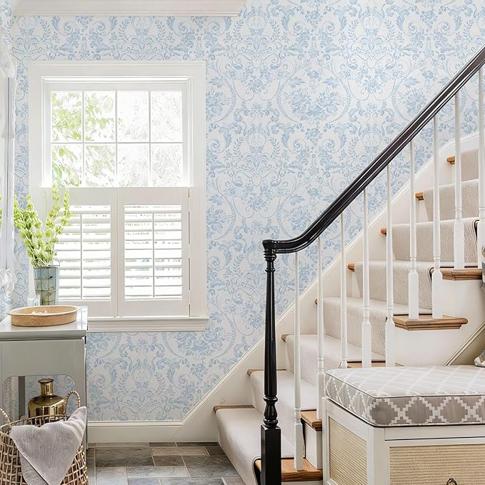 Ismoon Blue and White Wallpaper Floral Peel and Stick Wallpaper 17.3in x 16.4ft Vintage Damask Blue Contact Paper Boho Removable Watercolor Wall Paper for Bedroom Bthroom Kitchen Décor Vinyl - Image 5