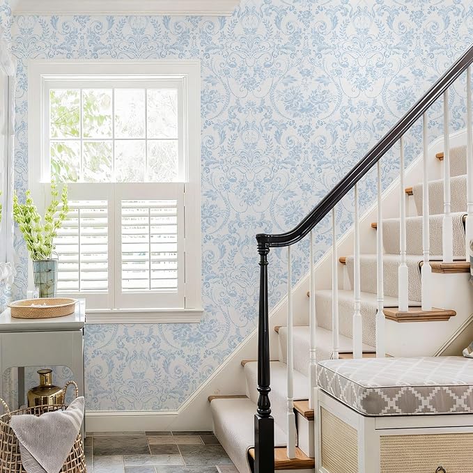 Ismoon Blue and White Wallpaper Floral Peel and Stick Wallpaper 17.3in x 32.8ft Vintage Damask Blue Contact Paper Boho Removable Watercolor Wall Paper for Bedroom Bthroom Kitchen Décor Vinyl - Image 5