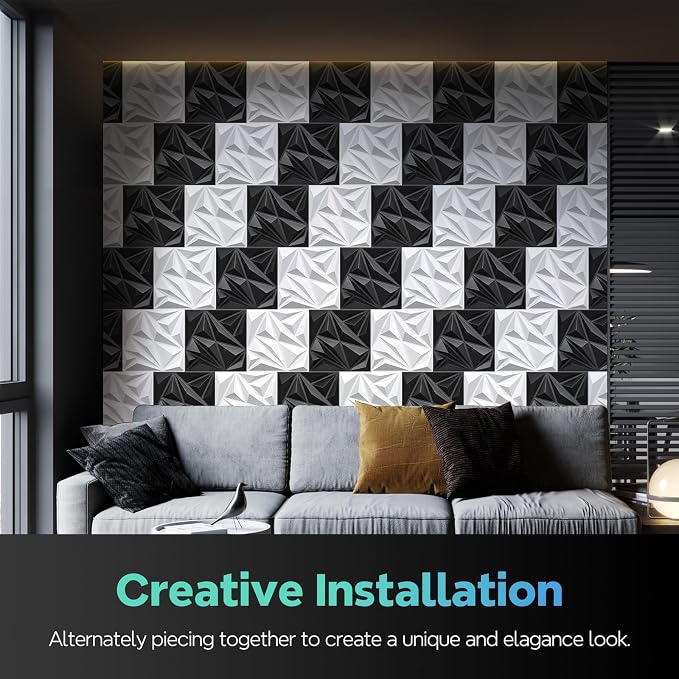 STICKGOO Black 3D Wall Panels, 12''x12'' Diamond, 33 Pack | Accent Wall Panels for Interior Wall Decor, Living Room, Bedroom, TV Background, Office, Cover 32 Sq.Ft - Image 6