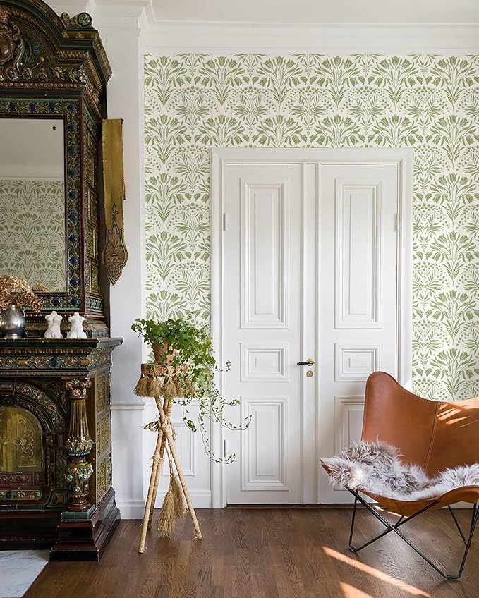 Green Tulip Floral Peel and Stick Wallpaper Retro Green Contact Paper | 17.3in X 197in Vintage Tulip Flowers Self Adhesive Wallpaper Boho Botanical Removable Wall Paper for Livingroom Decor - Image 5