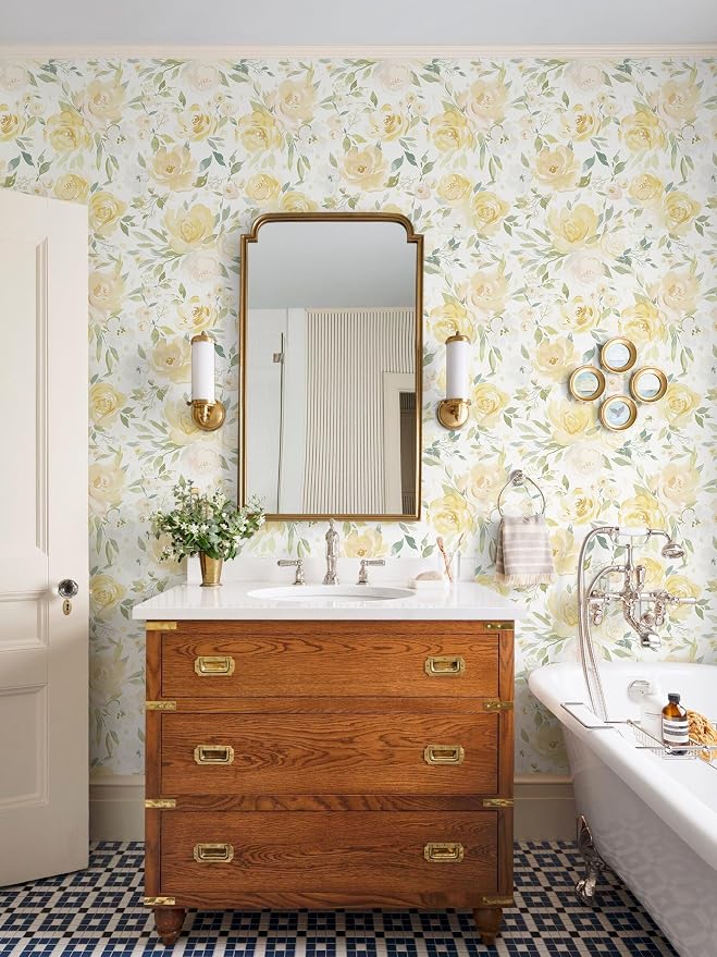 Ismoon Yellow Floral Peel Stick Wallpaper Boho Stick on Wallpaper | Watercolor Contact Paper for Cabinet Removable Self Adhesive Vinyl Wallpaper for Girl Bedroom Accent Wall Decor 17.3x78.7in - Image 3