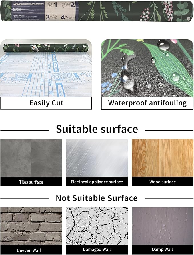 JiffDiff Dark Green Botanical Floral Peel and Stick Wallpaper, 17.3" x 118" | Waterproof Removable Self Adhesive Wallpaper, Dark Farm Wildflower Stick on Wallpaper for Home Bedroom Contact Paper,14.4 sq. - Image 6