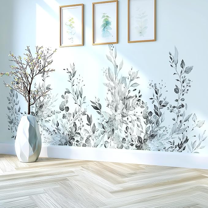 Gray Plants Leaves Wall Decals Peel and Stick, Large Floral Flowers Vinyl Wall Stickers, Removable Vine Home Decor Art for Bedroom Living Room Classroom Office - Image 5