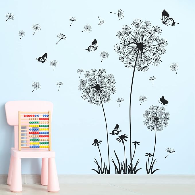Dandelion Wall Decals Removable Flower Wall Stickers Peel and Stick Floral Butterfly Murals Party Decoration for Bedroom Living Room Sofa Backdrop TV Dandelion Wall Decor (Black) - Image 7