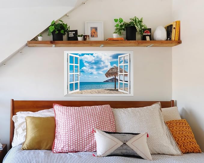 FLFK Fake Window Wall Decal - Ocean Beach Faux Window Wall Mural for Wall Decor, Peel and Stick Wall Sticker,24"x16" - Image 3