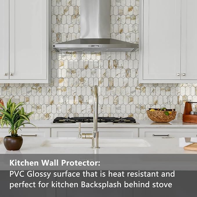 Vamos Tile Long Hexagon Peel and Stick Backsplash Tile - 10 Sheets Stick on Backsplash for Kitchen and Bathroom 12.4 x 12 Inch Glossy Pandora Marble with Gold Veining PVC Self Adhesive Wall Tiles - Image 3
