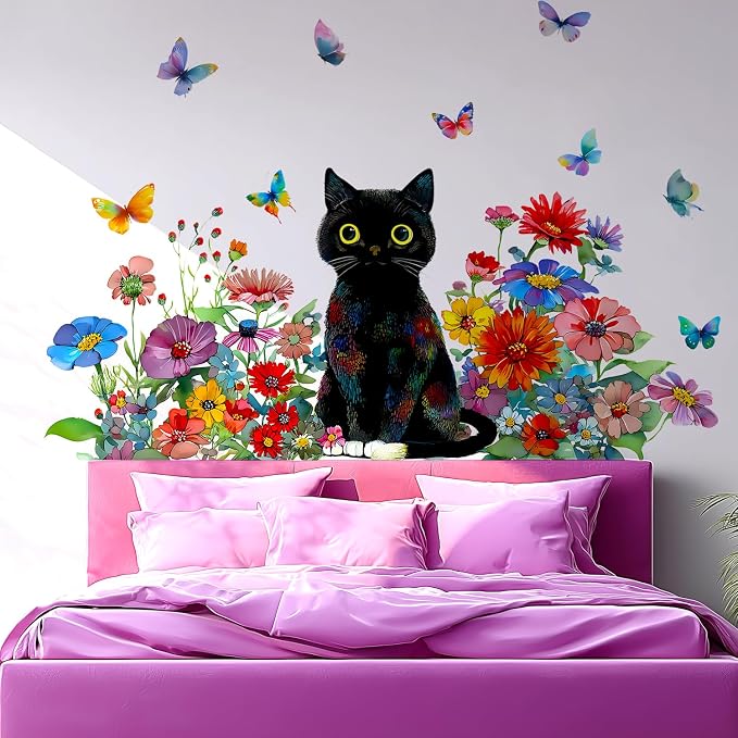 Black Cat Floral Flower Butterfly Watercolor Removable Wall Decals Decor | Watercolor wildflower butterflies peel and stick vinyl wall stickers & murals for bedroom living room classroom office by VePret
