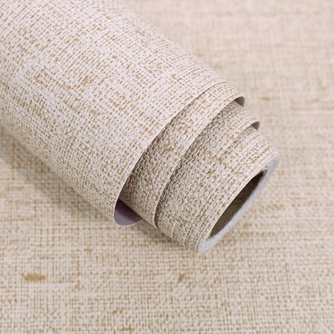 Beige Grasscloth Peel and Stick Wallpaper Textured 15.7in x 196.8in | Faux Linen Wallpaper Peel and Stick Vintage Grasscloth Contact Paper Self Adhesive Removable Contact Paper for Bedroom Vinyl by lenify