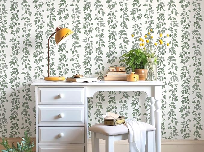 Ismoon Green Wallpaper Peel and Stick Vintage Wallpaper 17.3in x 32.8ft Green Leaf Contact Paper Vintage Cottage Wall Paper for Bedroom Bathroom Kitchen Nursery Removable Vinyl - Image 7