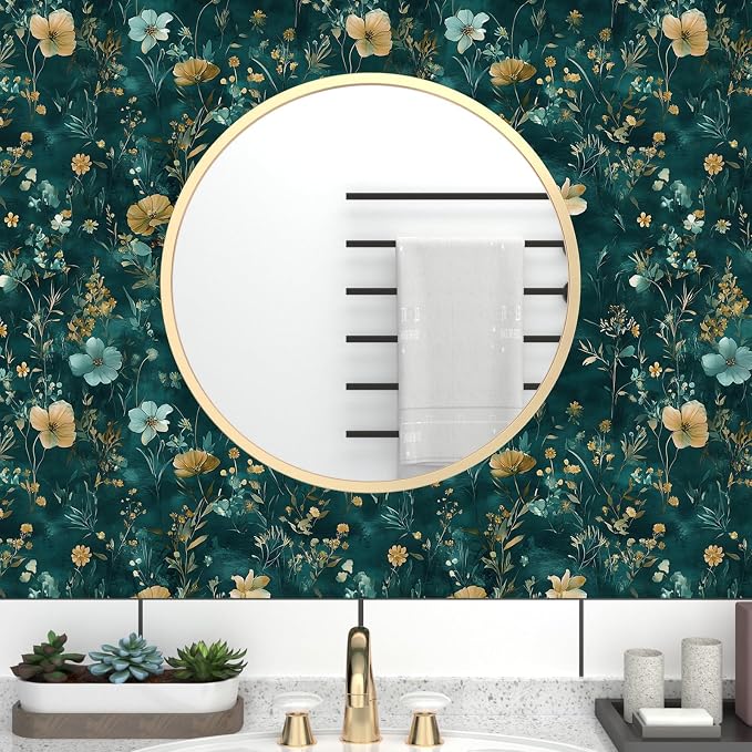 Laatse Floral Leaf Vintage Wallpaper Peel and Stick 17.5" x 393", Teal Gold | Self Adhesive/Removable/Waterproof/Thick Vinyl Contact Paper for Bathroom Bedroom Shelf Cabinet Drawer,Prepasted,Easy Peel - Image 3