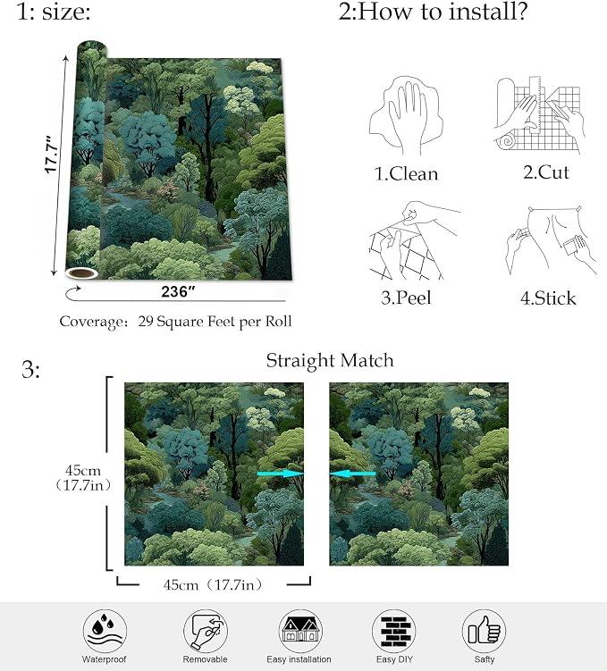 Serene Forest Stream Peel and Stick Wallpaper Forest | Green and Teal Art Deco Woodland Pattern Wallpaper for Home Decor | 17.7" x 118", Self-Adhesive, Waterproof Vinyl - Image 9