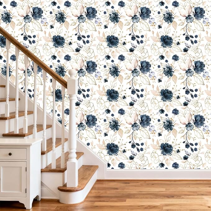 Navy Blue Floral Peel and Stick Wallpaper 17.7"x393.3" | Removable thick vinyl, watercolor botanical design, laundry room, bedroom, bathroom, renter friendly accent walls - Image 3