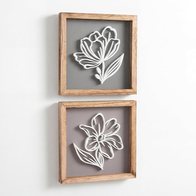 Tide and Tales 3D Botanical Floral Wall Art (Framed Set of 2) Ready-to-Hang Lightweight Boho Decor for Walls, Nature-Inspired Home Decorations with Natural Earthy Tones for Bedroom or Bathroom by TideandTales
