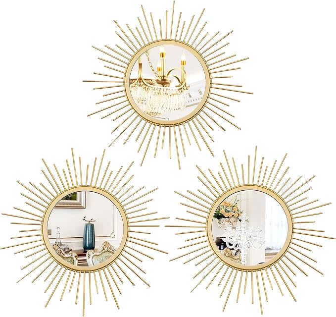 3 Pack Metal Mirrors for Wall Sunburst Wall Mirrors Home Décor Decorative Hanging Wall Art for Living Room Bedroom Entryway (Gold, Sunburst) by Uaussi