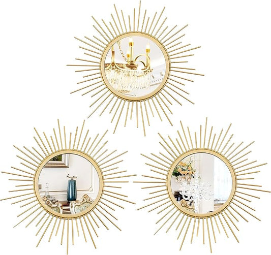 3 Pack Metal Mirrors for Wall Sunburst Wall Mirrors Home Décor Decorative Hanging Wall Art for Living Room Bedroom Entryway (Gold, Sunburst) by Uaussi