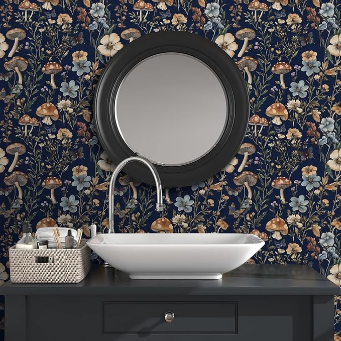 Froluya Mushroom Peel and Stick Wallpaper Dark Blue Floral 16.9" x 196.8" | Dark Floral Contact Paper Navy Blue Floral Wallpaper Vintage Boho Self Adhesive Removable Wall Paper Kitchen Bathroom Vinyl - Image 2