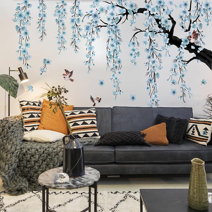 Large Flower Tree Branch Wall Decals Blue Hanging Vine Floral Wall Stickers Peel and Stick Wall Art Decals for Living Room Bedroom TV Background Girl Room Decor - Image 4