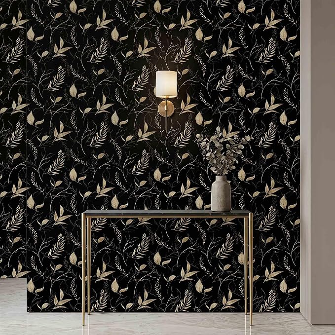 Dark Black and Gold Leaf Peel and Stick Wallpaper 17.7" x 124" | Self-adhesive removable waterproof leaf design for bedroom accent walls and renter friendly spaces - Image 8