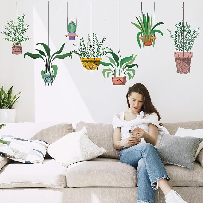 Green Hanging Potted Plant Vine Wall Decals - Peel and Stick, Leaf Shelf Wall Stickers, Boho Art Decor - for The Living Room, Bedroom, and Office - Image 5