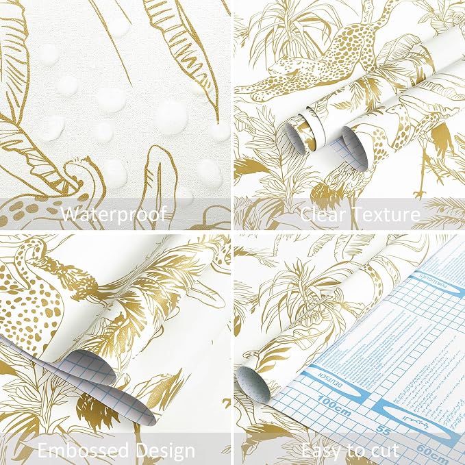 Heroad Boho Leopard Peel and Stick Wallpaper White and Gold Contact Paper Jungle Animal Wall Paper Removable Self Adhesive Wallpaper for Bedroom Entryway Cabinet Bathroom Waterproof Vinyl 17.3"x78.7" - Image 3