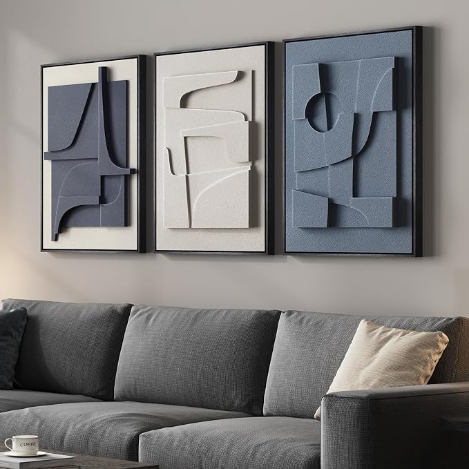 3D Textured Framed Blue and White Abstract Wall Art Set, 3 Piece, 16x24 In | Solid wood frames, raised geometric reliefs, navy blue and ivory tones, modern decor for bedroom living room dining room by Cuspin