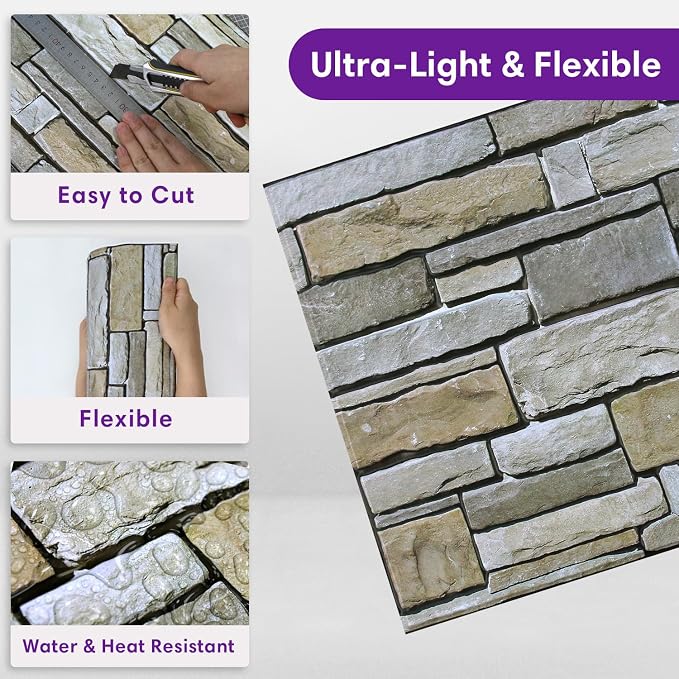 3D Faux Stone Wall Panels Peel and Stick, Designed for Quick DIY | Green with Gray, 10 Pcs 11.8" x 11.8", Stone-Look, PVC Fake Stone Wall Covering Tiles for Wall Renovation, Cover 9.7 sq ft - Image 5