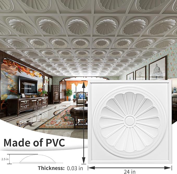 Art3dwallpanels Ceiling Tiles 12 Pack, 24 x 24 Inch, White | 3D Recessed Circle PVC Ceiling Panels, Fireproof Waterproof Light Tiles, 12 Pack 24"×24" Drop In Ceiling Decoration - Image 3