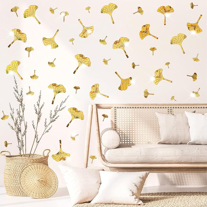 Golden Wall Leaves Decals Peel and Stick Modern Golden Acrylic Mirror Decal | Wall stickers, removable vinyl art murals, nordic plant decor, for living room bedroom bathroom kitchen farmhouse home decor - Image 9