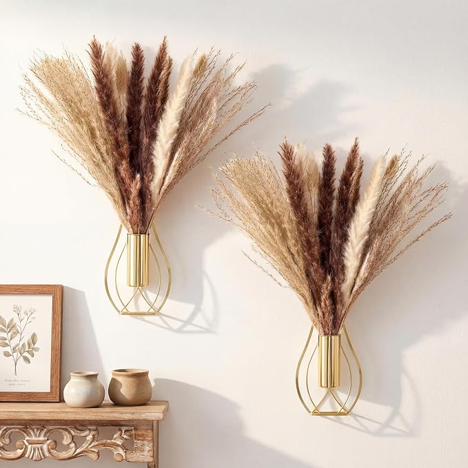 Otoolling Boho Wall Decor Set of 2 – Metal Hanging Wall Art with Faux Pampas or Eucalyptus,Minimalist Bohemian Accent for Living Room, Bedroom, Entryway(Gold,Pampas) by Otoolling