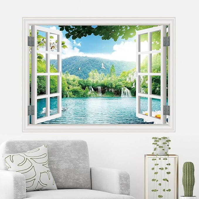 ‌Lmyhome Fake Window Wall Mural Spring Lake Landscape (64"x48") | Peel and Stick Faux Window Wall Sticker Decal Poster for Bedroom Home Decor - Image 6