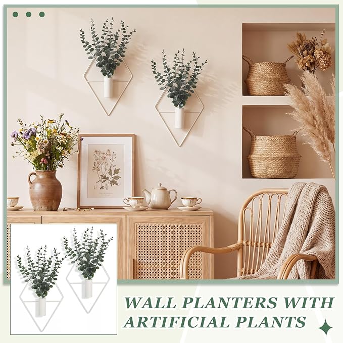 Jexine 4 Pcs Hanging Artificial Planters Wall Decor, White, Eucalyptus | Bathroom Wall Decor, Geometric Metal Vase, Indoor Plants, Living Room, Home Office, Entryway, Boho Accent, Wall Mounted - Image 4