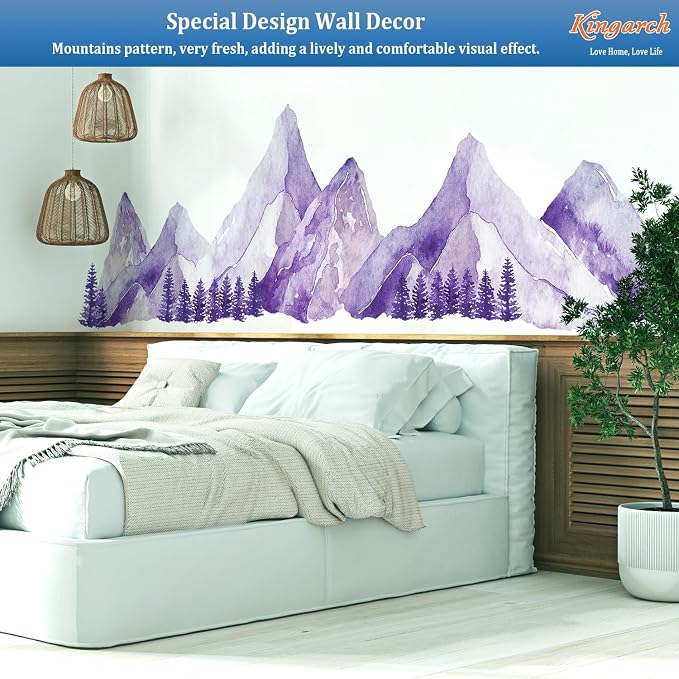 Purple Watercolor Mountain Wall Decals Peel and Stick - Scenic Mountain Pine Trees Forest, Boho Nature Landscape Vinyl Sticker for Bedroom, Nursery, Living Room - Removable Wall Mural Decor - Image 3