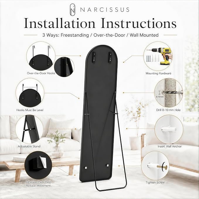 NARCISSUS Full Length Mirror 57x16 Inch, Over The Door Mirror with Stand, Wall Mounted or Freestanding/Door Hanging Full Body, Aluminum Alloy Frame, Black - Image 7