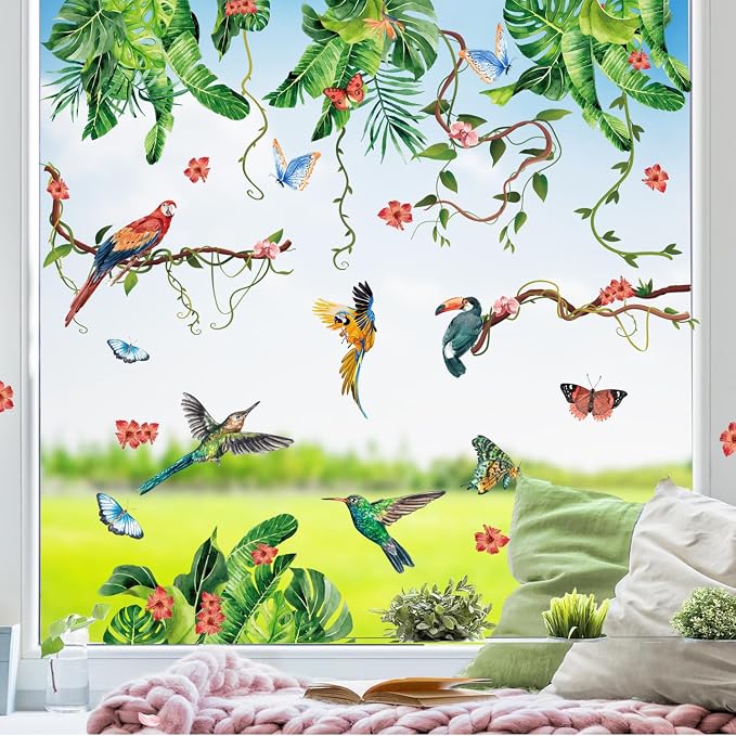 Tropical Green Leaves Window Decals Summer Hanging Vines Stickers for Glass | Anti collision for bird collision, double-sided, reusable,removable, peel and stick, for living room kitchen bathroom door - Image 2
