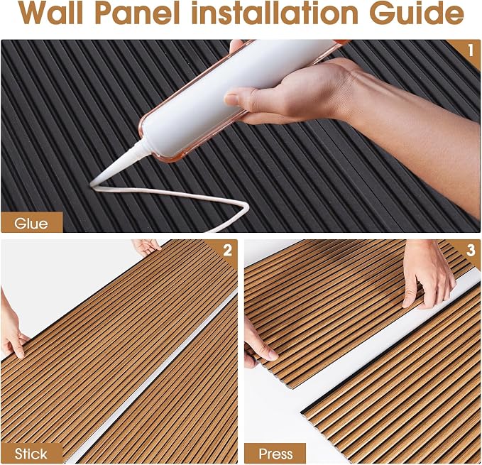PS Wood Slat Wall Panels for Interior Wall Decor,20-Pack | 78.74 x 11.81 in, Covers 129 sq.ft, Lightweight Self-Adhesive Wall Panels, 3D Wainscoting Wall Covering - Teak - Image 6