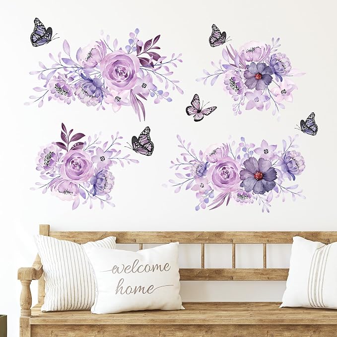 Zonon 6 Pcs Flower Wall Decals Peel and Stick Sticker, Flower and Butterfly | Vinyl Removable Wall Stickers & Mural, Rose and Butterfly Wall Decals, Purple Floral Decor for Bedroom, Living Room by Zonon