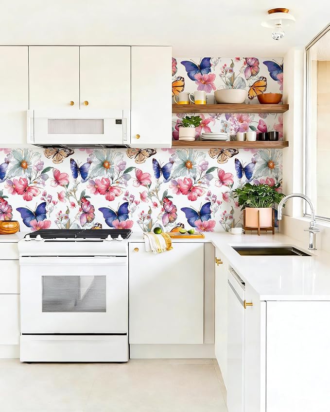 Floral Peel and Stick Wallpaper Butterfly Contact Paper 16.9in×118.1in Watercolor Floral Wallpaper Self Adhesive Removable Modern Flower Contact Paper Waterproof for Bathroom Cabinets Decor - Image 7