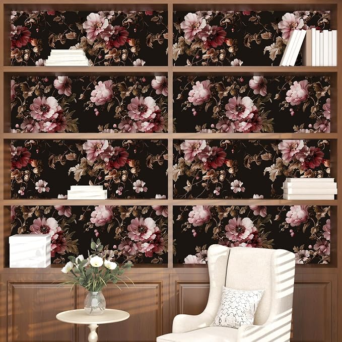 Laatse Dark Floral Brown Wallpaper Peel and Stick17.5 × 393", Black Pink | Self Adhesive/Removable/Waterproof/Thick Vinyl Contact Paper for Bathroom Bedroom Shelf Cabinet Drawer,Prepasted,Easy Peel - Image 4