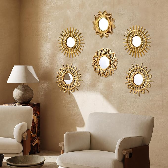 Namalu 6 Pcs Sunburst Round Mirror for Wall Decor, Elegant, Gold - Image 5